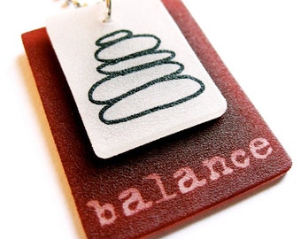 balance pendant necklace - inspirational jewelry  - rock cairn - red - shrinky dink art
