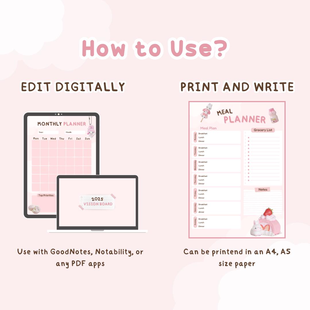 Cute Pink Digital Planner Kawaii Goodnotes Journal With Daily Weekly ...