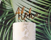 Aloha Tropical Wedding, Birthday, Celebration, Cake Topper, Laser Cut, Acrylic, Gold, Black, Pink
