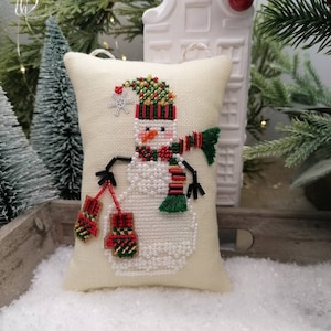 Beaded Snowman With Mittens- Christmas Cross Stitch Ornament- Handmade keepsake Completed ,  Finished