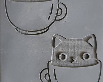 Cabtopia| Kitty's in Cups | Texture Mat for Polymer clay| Clay pattern stamps| Textures for Clay imprints| Polymer clay texture PMC TM520B