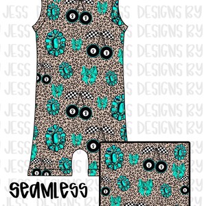 May include: A sleeveless romper with a tan leopard print background. The romper features turquoise gemstones, bows, and cherries with eight ball designs. The word "seamless" is printed in black at the bottom.