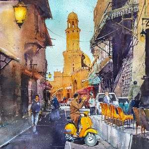 Cairo Street Rhythm - Original watercolor on paper