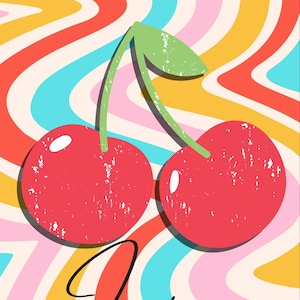 Retro Cherry Digital Print – Vintage Fruit Wall Art, Aesthetic Kitchen Poster, Printable Red Cherry Decor, Instant Download