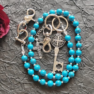Cadena para billetera con cuentas redondas de piedra azul agrietada, cadena para jeans, cadena para pantalones góticos, cadena para billetera de motociclista, cadena para billetera hecha a mano, cadena para billetera punk