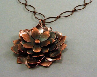 Oxidized Copper Layered Flower Pendant with Oxidized Copper Chain Necklace