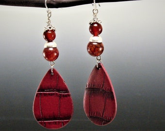 Stamped Embossed Leather, Agate and Sterling Silver Earrings