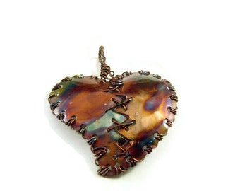 Copper flame painted Broken Mended Heart Pendant Necklace