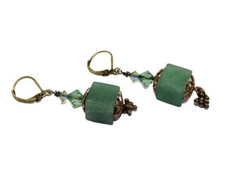 Adventurine Cubes, Swarovski Crystals, and Antique Brass Earrings