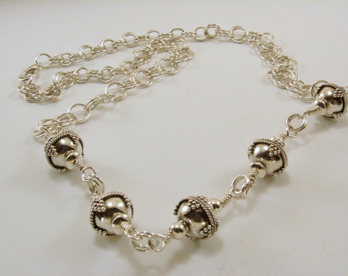 Sterling Silver Bali Bead Necklace, Wire Wrapped Sterling Silver Bali
