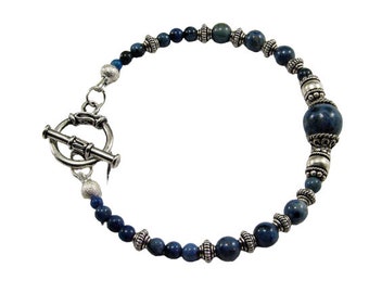 Bali Sterling Silver and Dumortierite Gemstone Beaded Bracelet