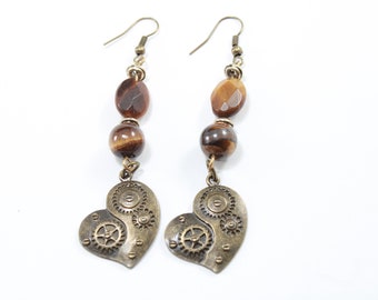 Antique Brass and Tiger Eye Earrings with Sideways Whimsical Steampunk Heart Dangles