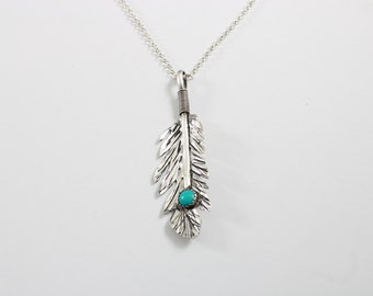 Sterling Silver Feather with Turquoise Cab Pendant Necklace