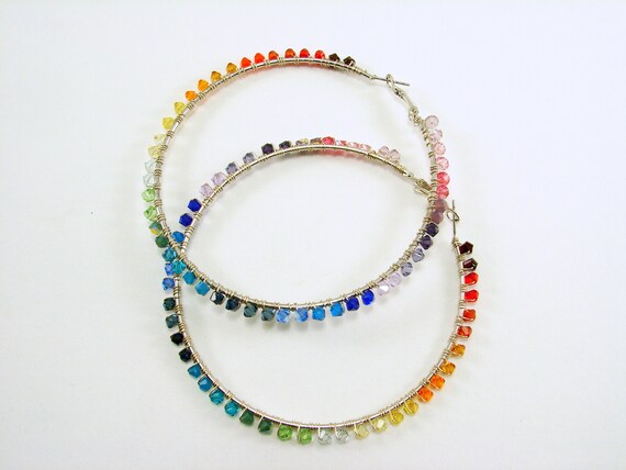 Rainbow of Swarovski Crystal Beads Wire Wrapped Hoop Earrings Big