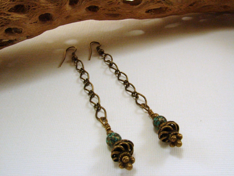 Antique Brass Chain and Bead Dangle Earrings Etsy