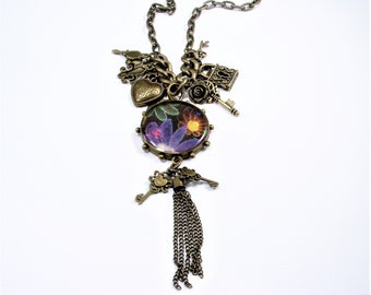 Antique Brass Resin Cast Pendant with Flowers, Charms, hearts, locks, keys, mirrors. angel wings and more Chain Necklace