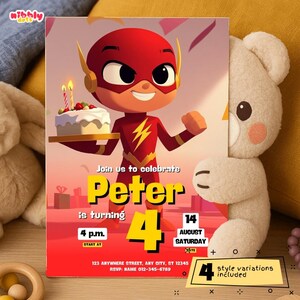 Flash-Geburtstagseinladungsvorlage – druckbar, bearbeitbar in Canva, digitaler Download, 4 Stile, Geburtstagskind, DC Comics Superheldenparty