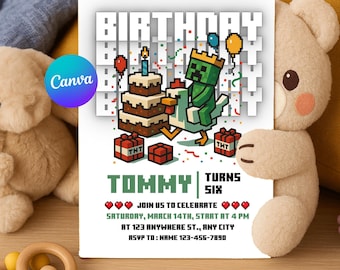 Minecraft Creeper Birthday Party Invitation, Editable Canva Template, Printable Game Party Invite, Minecrafter Boy, Instant Digital Download