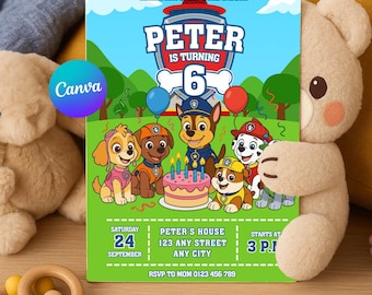 Paw Patrol Birthday Party Invitation, Editable Canva Template, Printable Dogs Party Invite, Birthday Boy Girl Celebration, Instant Download