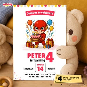 Flash-Geburtstagseinladungsvorlage – druckbar, bearbeitbar in Canva, digitaler Download, 4 Stile, Geburtstagskind, DC Comics Superheldenparty