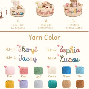 May include: Three woven baskets with stuffed animals and personalized names: Lucas, Amelia, and Sophia. The baskets are available in three sizes: S (4.72x8.66in), M (5.51x10.24in), and L (6.30x11.02in). Yarn color options include pink, rose, leaf, cream, ocean, sky, yellow, purple, grey, green, beige, and brown.
