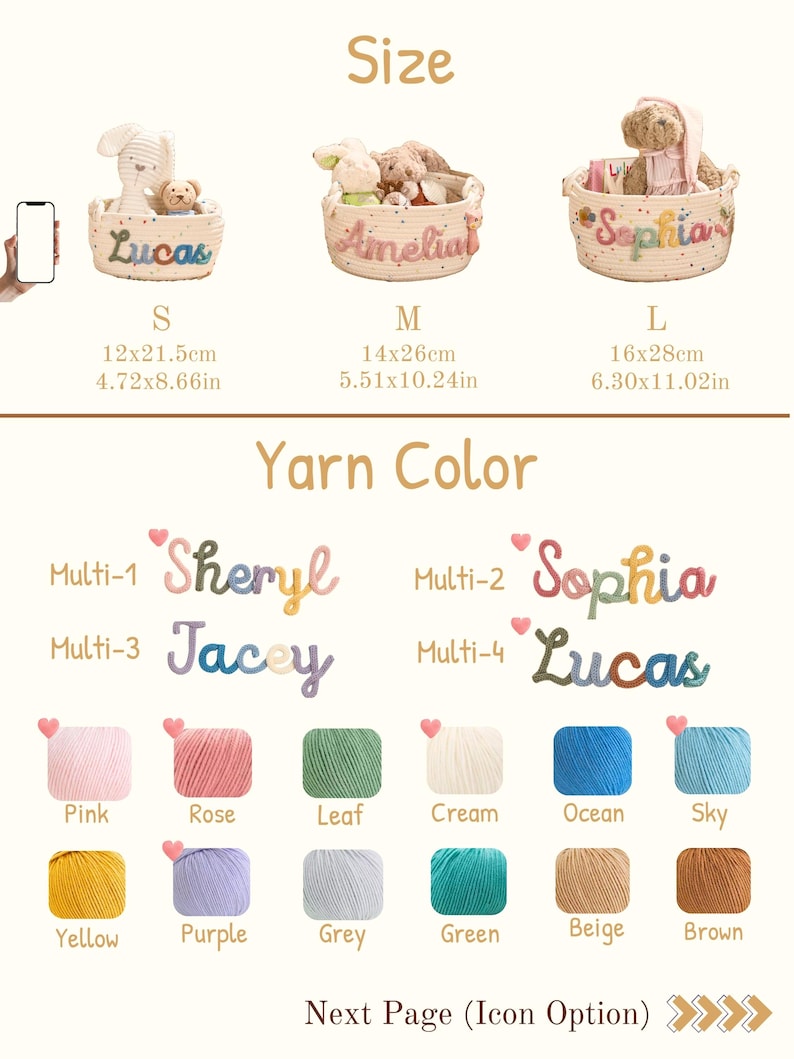 May include: Three woven baskets with stuffed animals and personalized names: Lucas, Amelia, and Sophia. The baskets are available in three sizes: S (4.72x8.66in), M (5.51x10.24in), and L (6.30x11.02in). Yarn color options include pink, rose, leaf, cream, ocean, sky, yellow, purple, grey, green, beige, and brown.