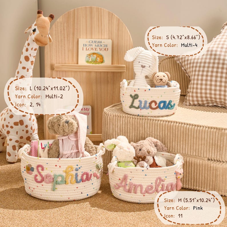 May include: A set of three off-white rope baskets with embroidered names: "Sophia", "Amelia", and "Lucas". Each basket contains stuffed animals. The baskets are different sizes, with the largest measuring 10.24" x 11.02".