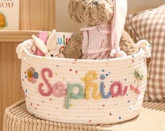 Personalized Rainbow Candy Basket | Handwoven Yarn Toy Storage