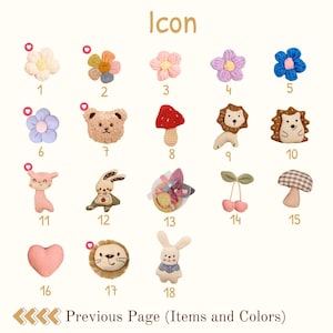 May include: A collection of 18 small, colorful fabric icons, including flowers, animals, and food items. The icons are numbered and arranged on a cream-colored background. The word "Icon" is at the top, and "Previous Page (Items and Colors)" is at the bottom.