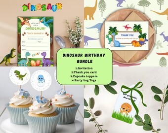 May include: A dinosaur-themed birthday party bundle featuring an invitation, thank you card, cupcake toppers, and party bag tags. The invitation and thank you card have dinosaur illustrations. Cupcakes with blue liners and toppers are also shown.