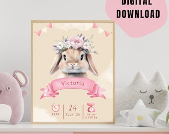 Personalized Baby Girl Nursery Print: Bunny Floral Wreath, Birth Stats (Digital Download)