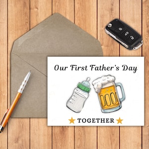 Erste Vatertagskarte 18x12cm – Niedliches Babyflaschen- & Bierkrug-Design – Sofortiger Download digitale Karte für frischgebackene Väter