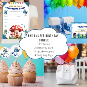 Paquete imprimible para fiesta de los Pitufos: invitación manuscrita, tarjeta de agradecimiento, adornos y etiquetas para cupcakes (archivo ZIP / descarga instantánea)