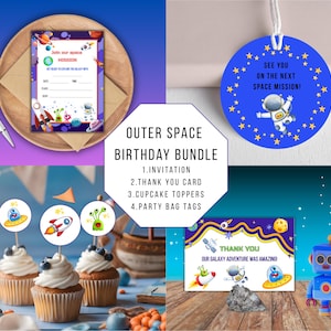 Outer Space Birthday Party Bundle | Digital Space Handwritten invitation 5x7, Thank You Card 6x4, Cupcake Toppers, Bag Tags | PDF JPG PNG