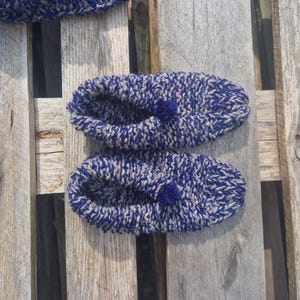 Hand Knitted Wool Slipper Socks: Grey & Blue Pom Pom Trim. Woman UK size 5-8