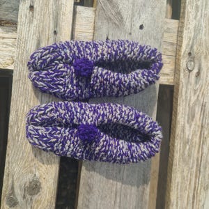 Hand Knitted Wool Slipper Socks: Grey & Purple Pom Pom Trim. Woman UK size 5 - 8