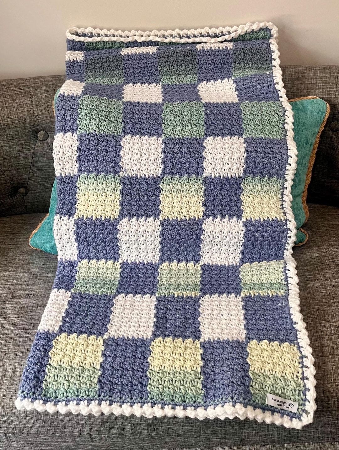 Crocheted, Baby Gingham Blanket - Blue, Green, Yellow, and White