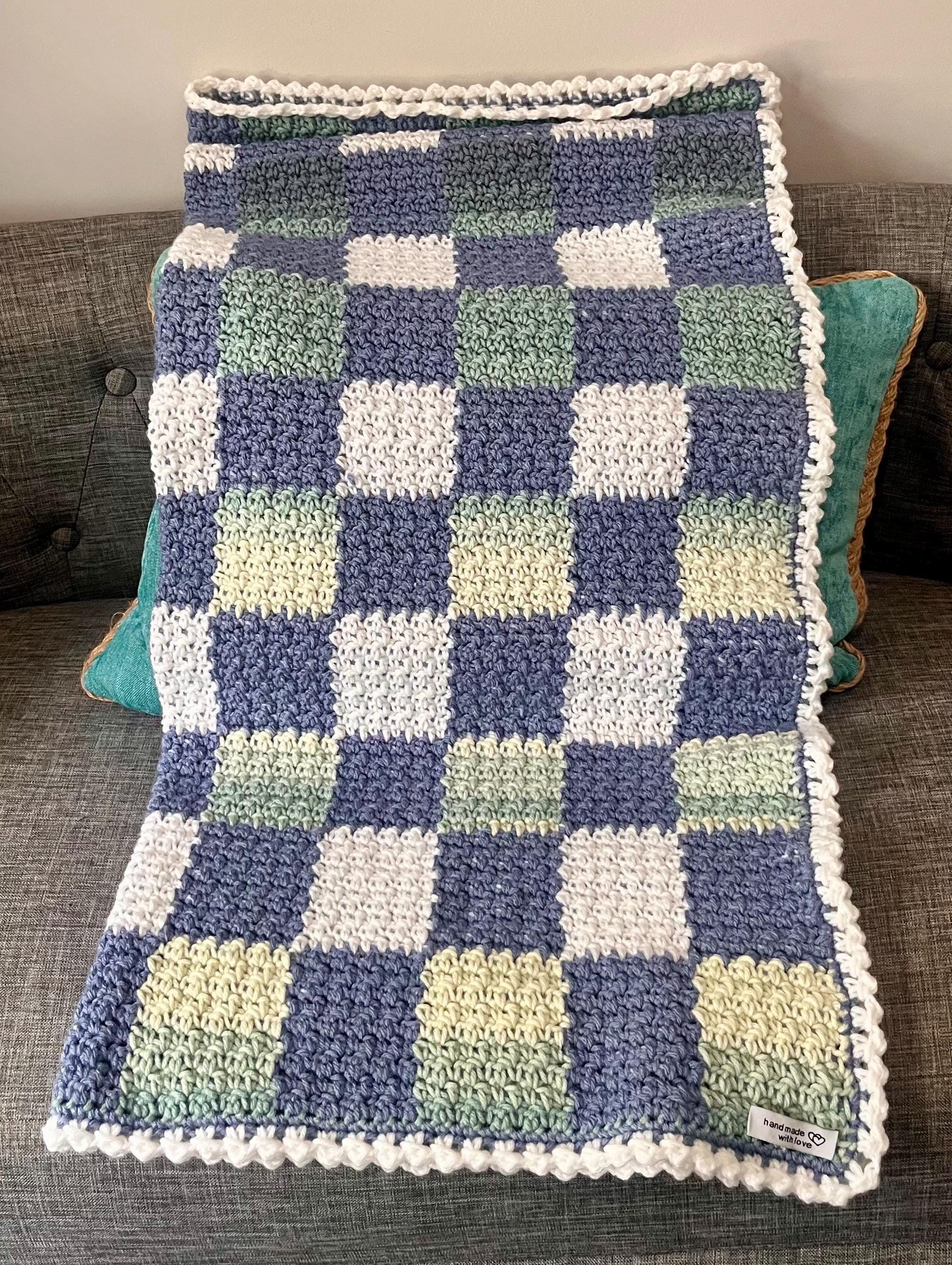 Crocheted, Baby Gingham Blanket - Blue, Green, Yellow, and White