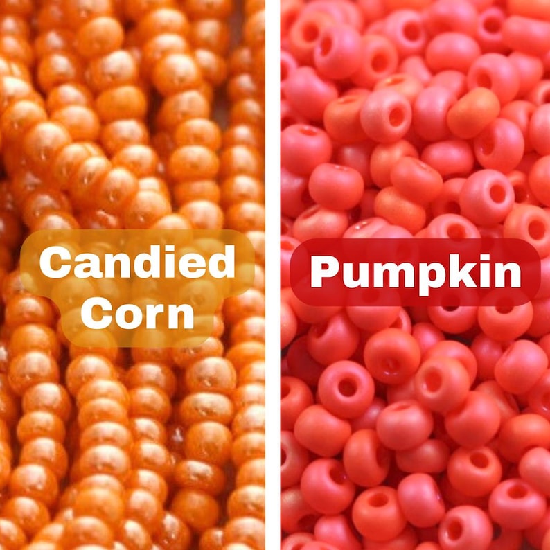 Pu&ograve; includere: Due immagini ravvicinate di perline. L'immagine a sinistra mostra perline arancioni con il testo "Candied Corn". L'immagine a destra mostra perline rosso-arancio con il testo "Pumpkin". Entrambe le immagini mostrano una variet&agrave; di piccole perline rotonde.