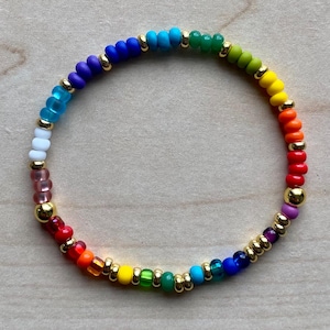 May include: A circular bracelet composed of small, multi-colored glass seed beads arranged in a rainbow spectrum, interspersed with polished gold-tone metal spacer beads. The beads feature various shades of blue, green, yellow, orange, red, and purple.