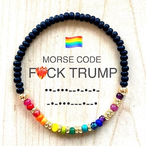 FCK TRUMP Rainbow Pride Morse Code Beaded Bracelet - Resistance - Anti-Fascist Political Handmade Jewelry Activist Protest Queer LGBTQ Ally immagine 1