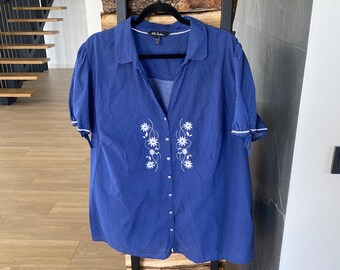 Vintage Ulla Popken Blue Polka Dot Blouse XXL- US 22- EU 52 White Edelweiss Embroidery Cotton Short Sleeve Plus Size Top
