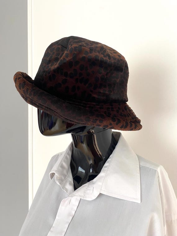 Vintage Leopard Velvet Bucket Hat | 90s Animal Print Cloche 