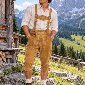 Könnte beinhalten: Eine hellbraune Lederhose aus Wildleder mit detaillierten Stickereien, ausgestattet mit einem Latz und verstellbaren Trägern, kombiniert mit einem cremefarbenen Langarmhemd, dicken beigen Strickstrümpfen und braunen Schnürstiefeln aus Leder.