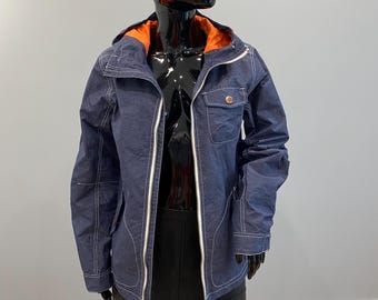 Chaqueta cortavientos Next Blue con capucha y forro naranja, unisex, ligera, con costuras en contraste, talla juvenil 14 (164 cm).