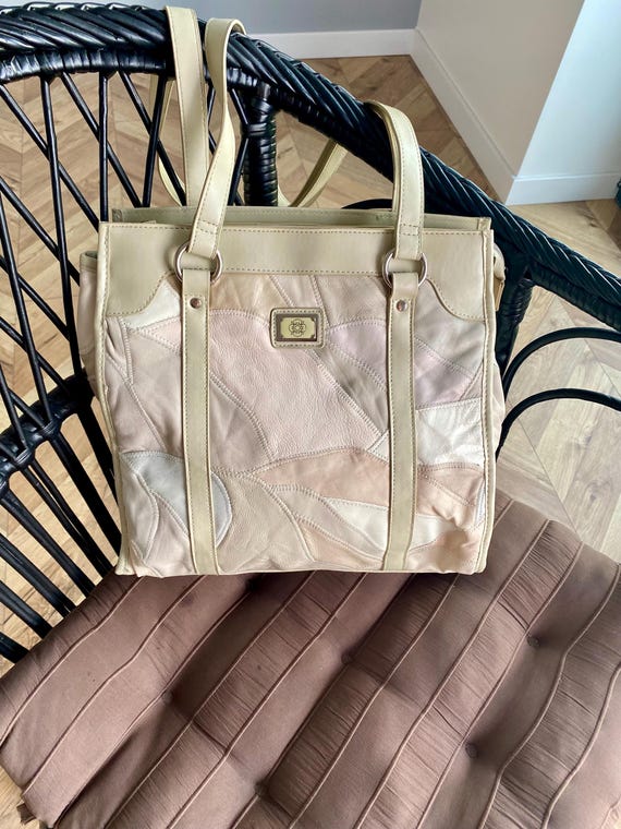 Beige Patchwork Tote Bag – Large Leather Style Sh… - image 7