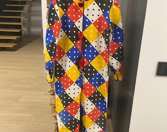 Vintage Colorful Clown Jumpsuit Cotton Diamond Polka Dot Pattern Kids Costume 11-12 years