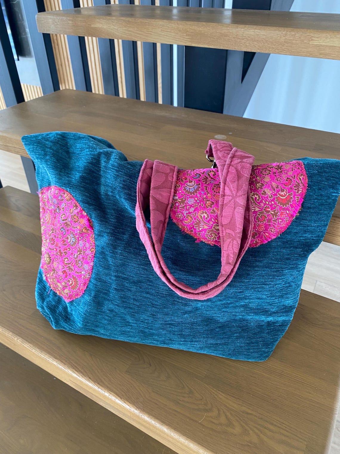 Vintage Womens Handmade Tote Bag Turquoise Pink Textile Shopper Clémentine F. à Paris French Artisan Large 45x39 cm, foto 2 di 5