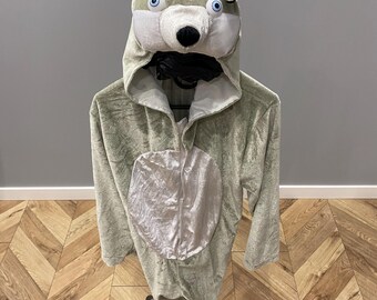 Kids Plush Kigurumi Pajamas Mint Green Husky Wolf Costume Soft Fleece Animal Onesie Children Sleepwear Age 7–9