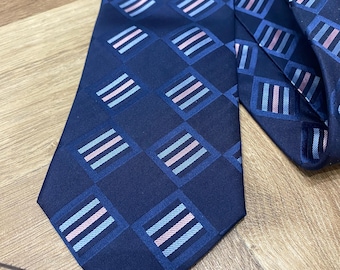 Vintage Jacques Estier Mens Dark Blue Silk Tie Pink Light Blue Striped Pattern Necktie